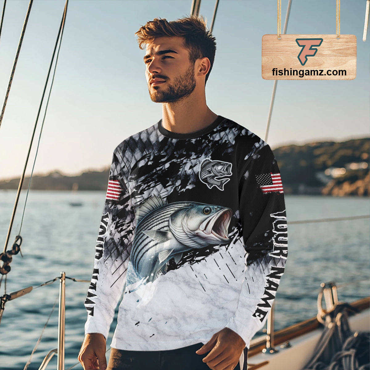 Custom striped bass saltwater fishing shirt, bass fishing jersey for men