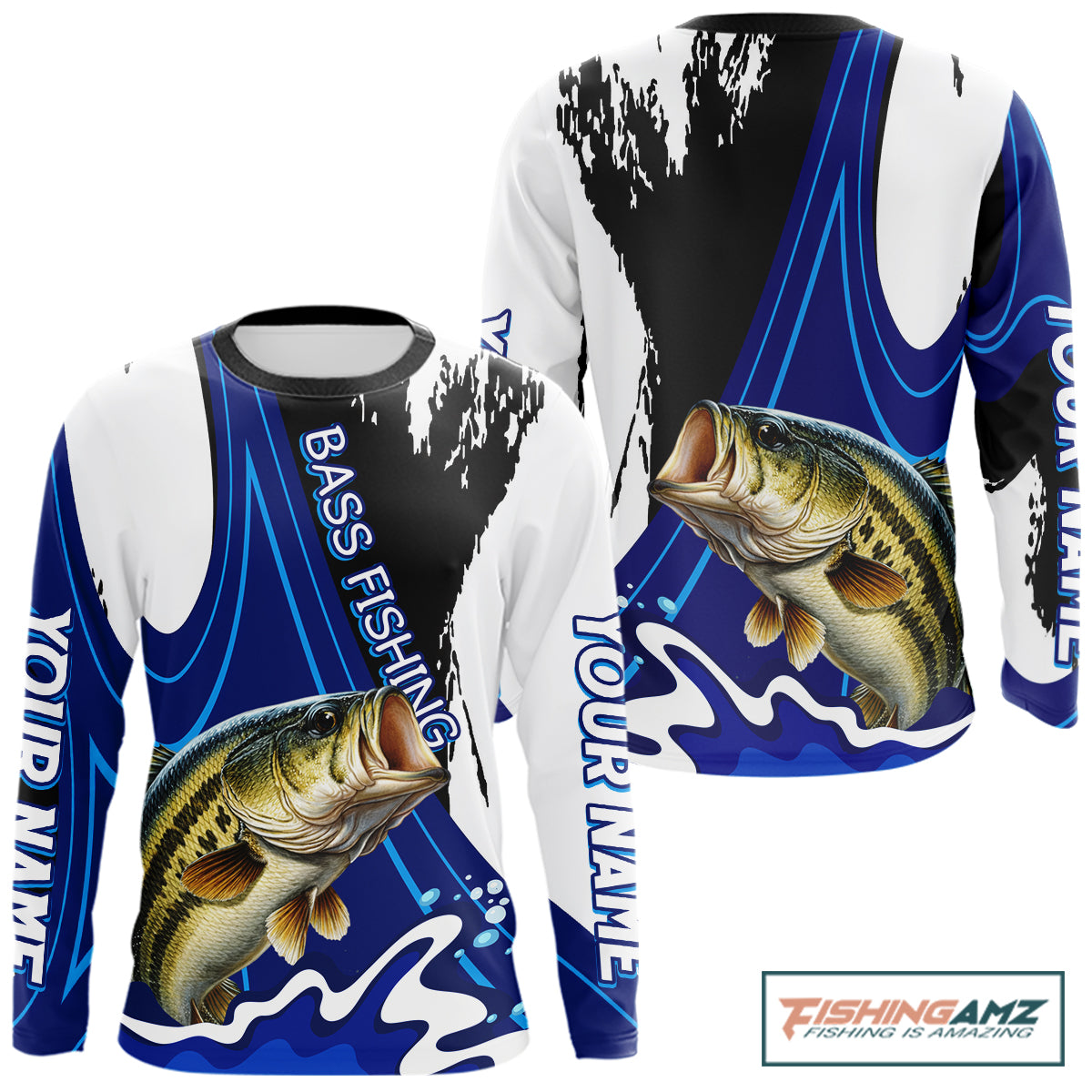 Bass fishing jersey personalized name, long sleeve UV protection fishing shirt for angler tournament
