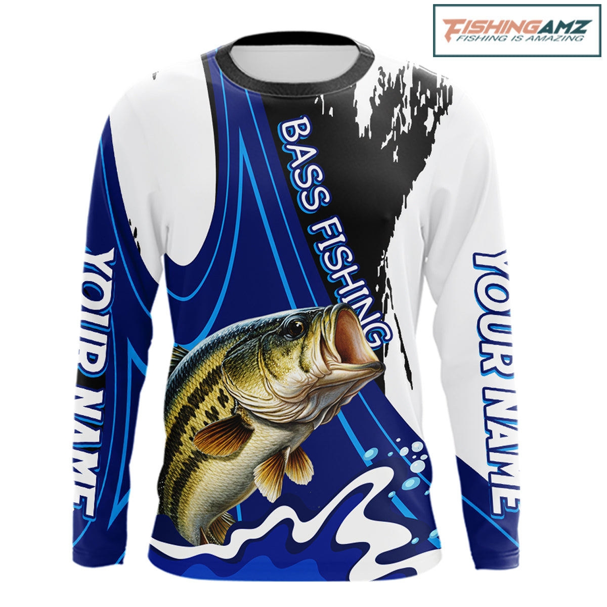 Bass fishing jersey personalized name, long sleeve UV protection fishing shirt for angler tournament