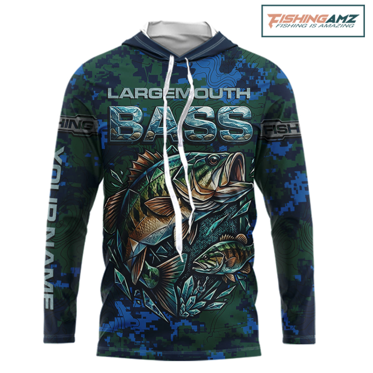 Green Camo Bass Fishing Shirt Long Sleeve Hooded , Bass Fishing Jersey, Performance Fishing Apparel