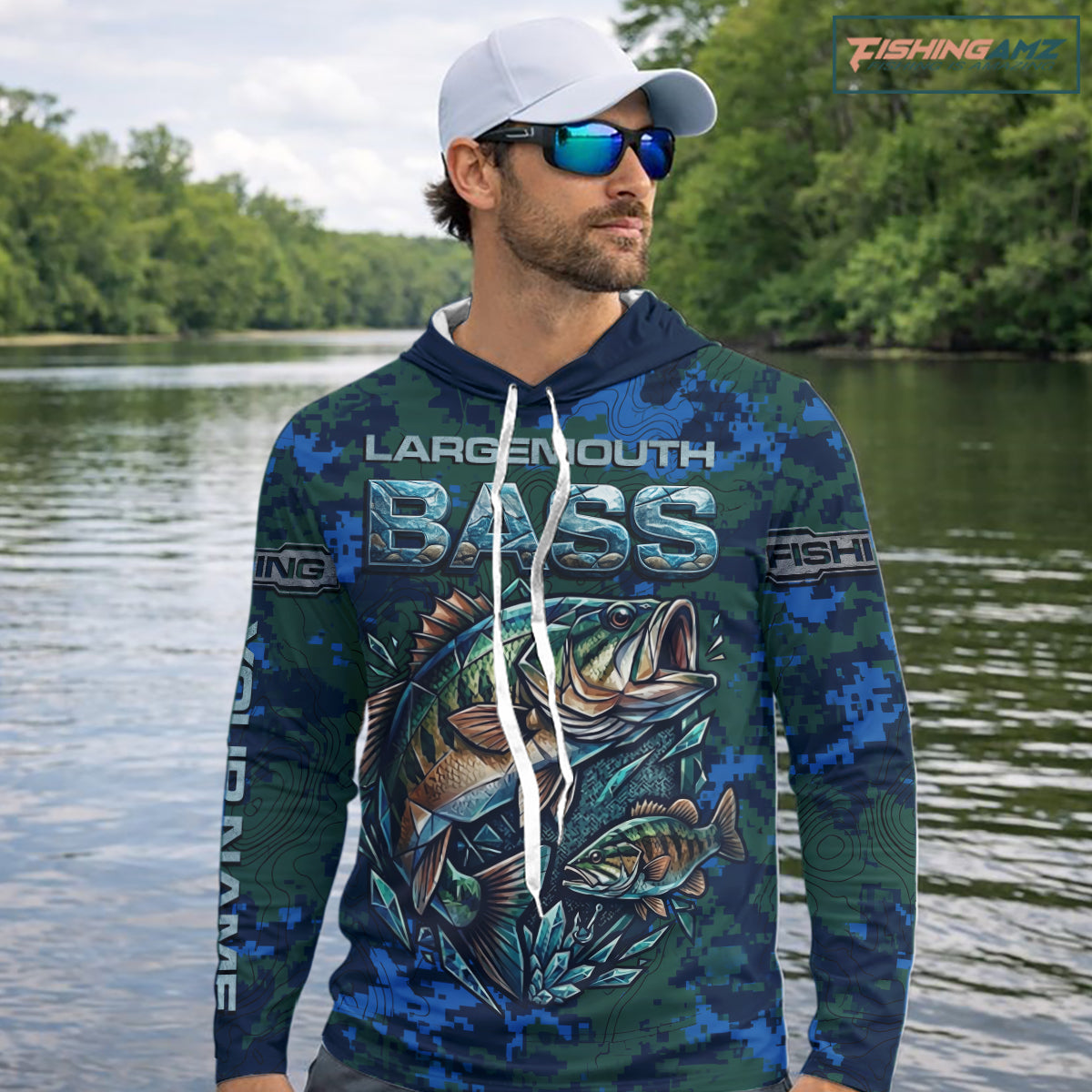 Green Camo Bass Fishing Shirt Long Sleeve Hooded, Bass Fishing Jersey, Performance Fishing Apparel NHT877