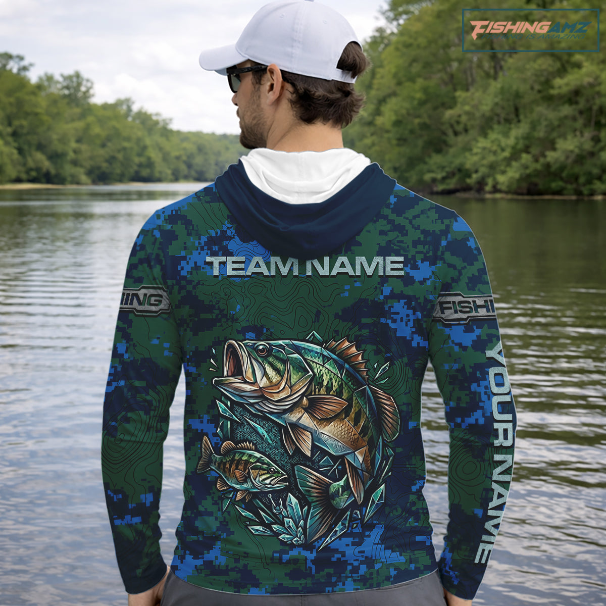 Green Camo Bass Fishing Shirt Long Sleeve Hooded, Bass Fishing Jersey, Performance Fishing Apparel NHT877
