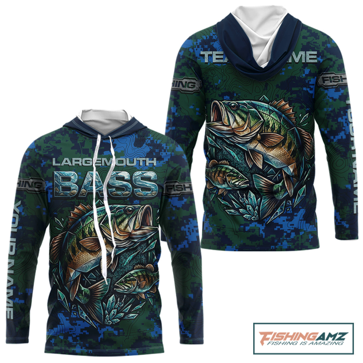Green Camo Bass Fishing Shirt Long Sleeve Hooded , Bass Fishing Jersey, Performance Fishing Apparel