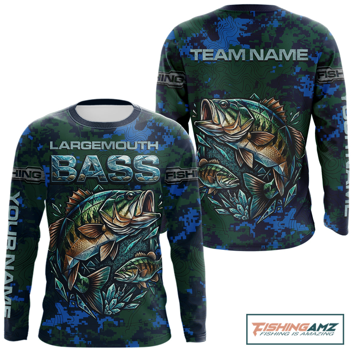 Green Camo Bass Fishing Shirt Long Sleeve, Bass Fishing Jersey, Performance Fishing Apparel NHT877