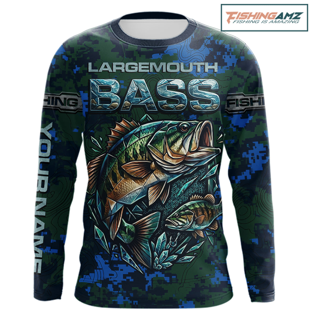 Green Camo Bass Fishing Shirt Long Sleeve, Bass Fishing Jersey, Performance Fishing Apparel NHT877