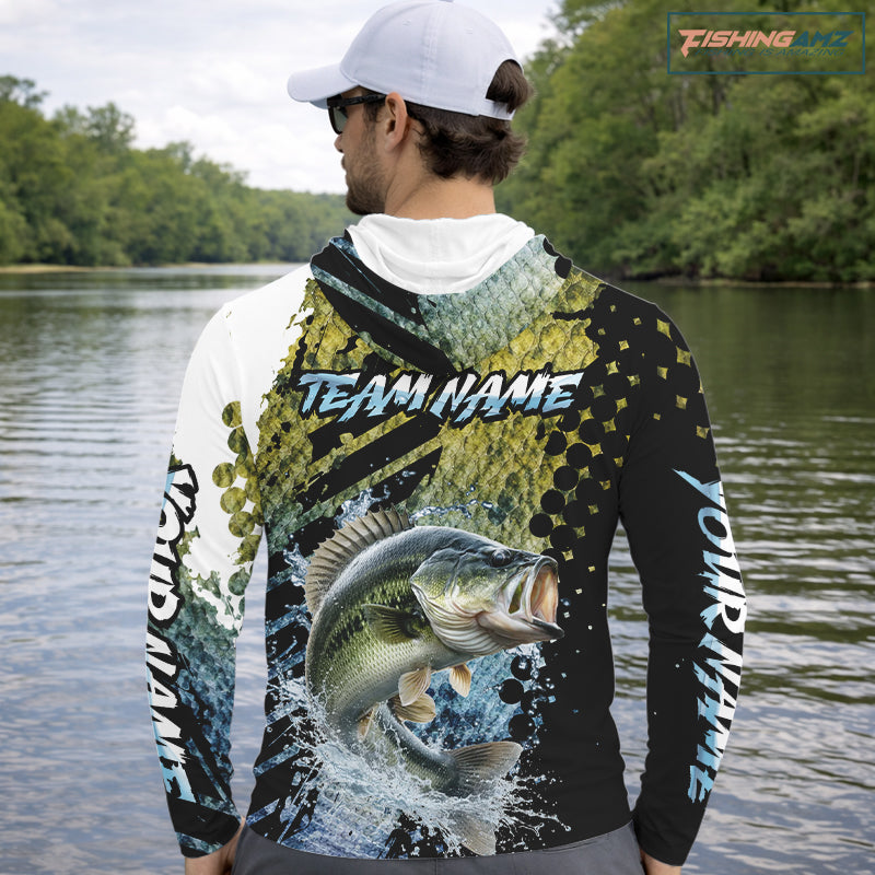 Bass Fishing Shirts Long Sleeve Hooded Dark Water Art Style Personalized Name, Fishing Gift NHT405