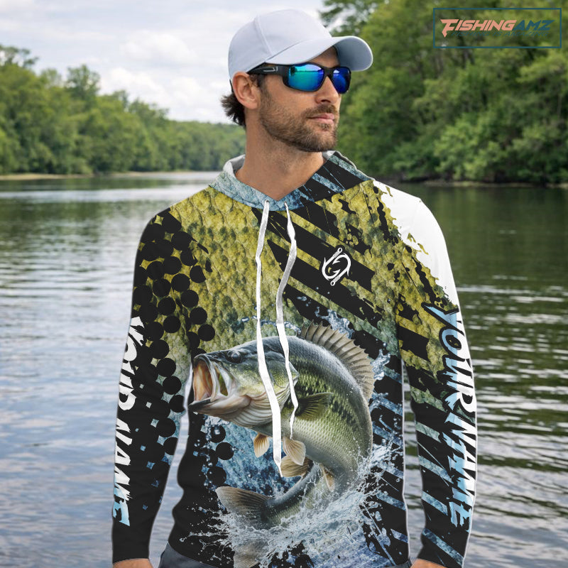 Bass Fishing Shirts Long Sleeve Hooded Dark Water Art Style Personalized Name, Fishing Gift NHT405