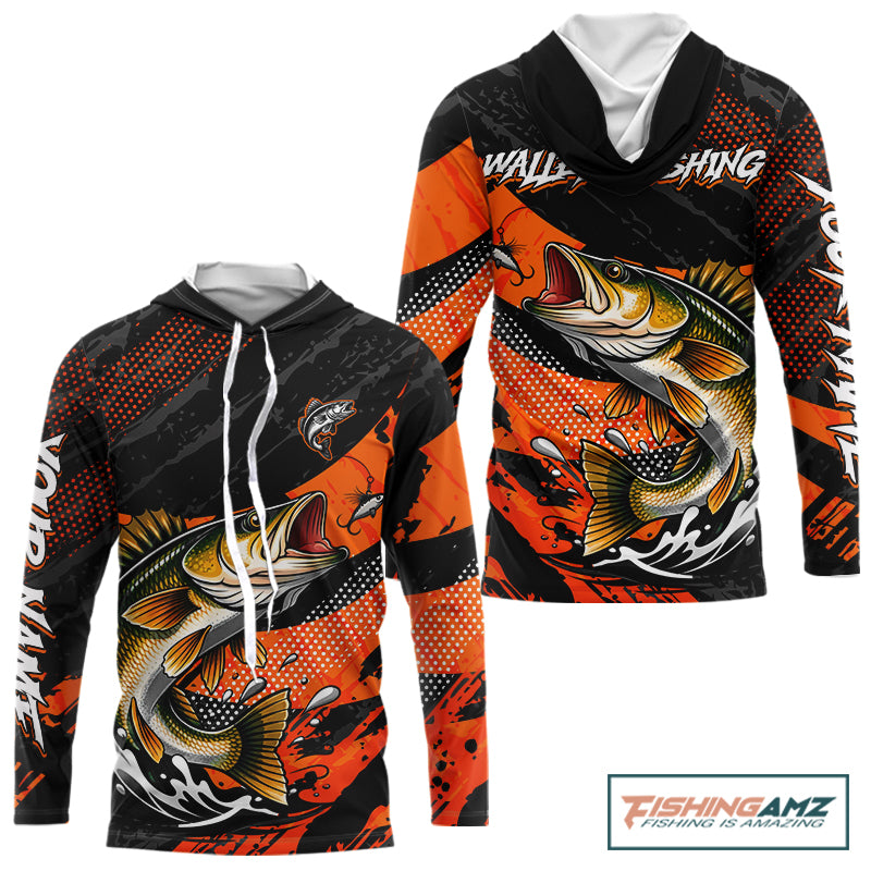 Personalized Walleye Fishing Long Sleeve Hooded Tournament Shirt For Men, Performance Fishing Shirt NHT461