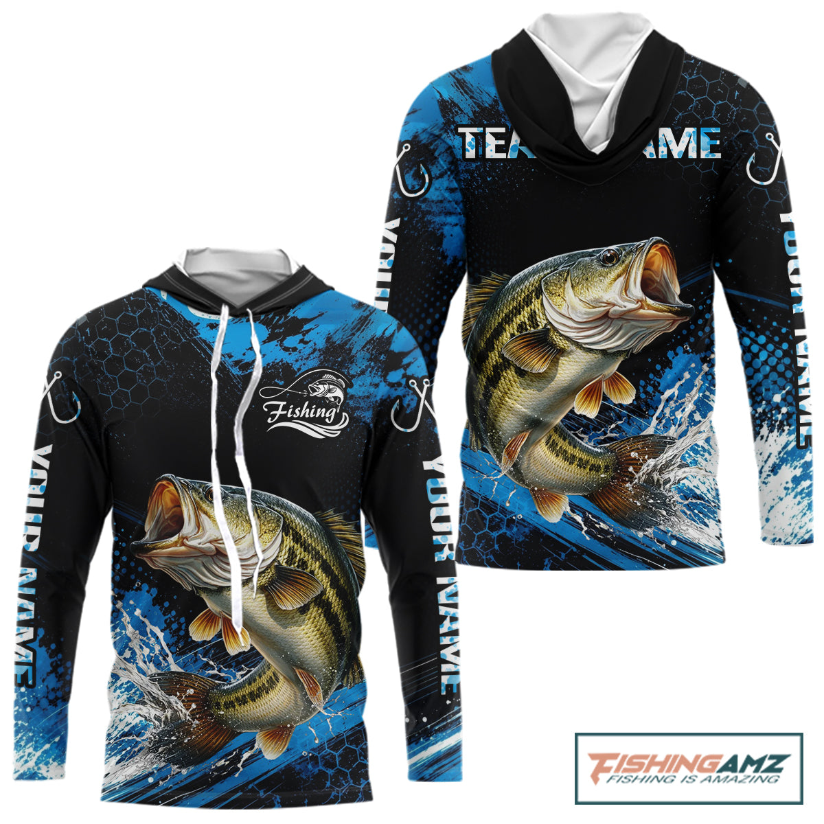Back view of custom bass hooded fishing shirt made from lightweight polyester with UPF 30+ sun protection.