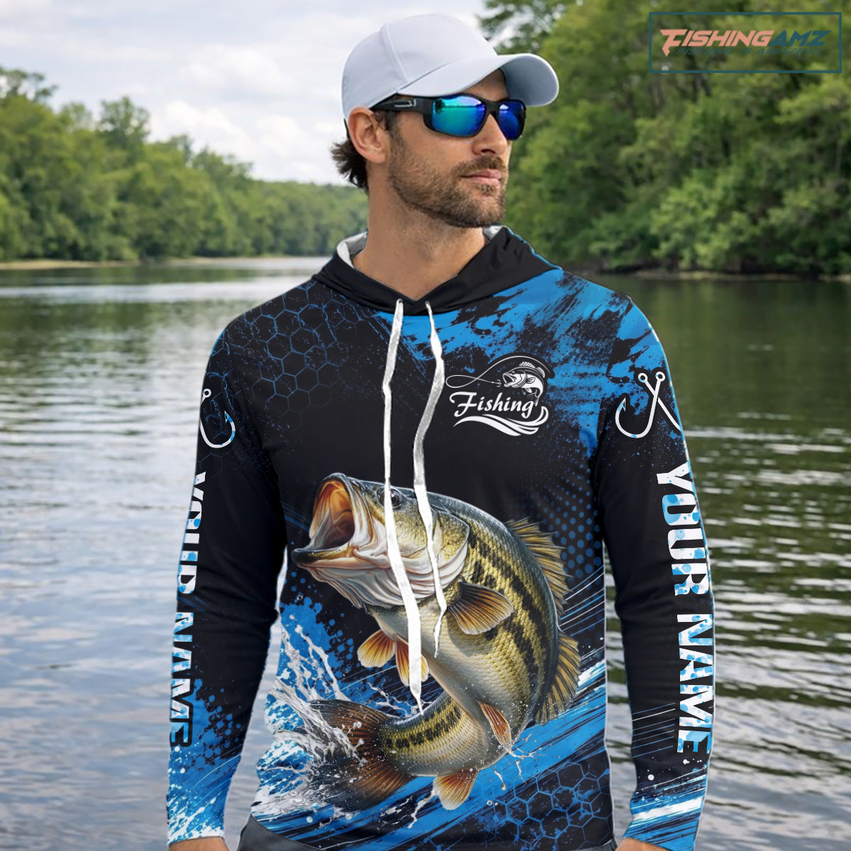 Custom Bass Fishing Jersey, Personalized Team Name Long Sleeve Hooded Performance Fishing Shirt For Men NHT1224
