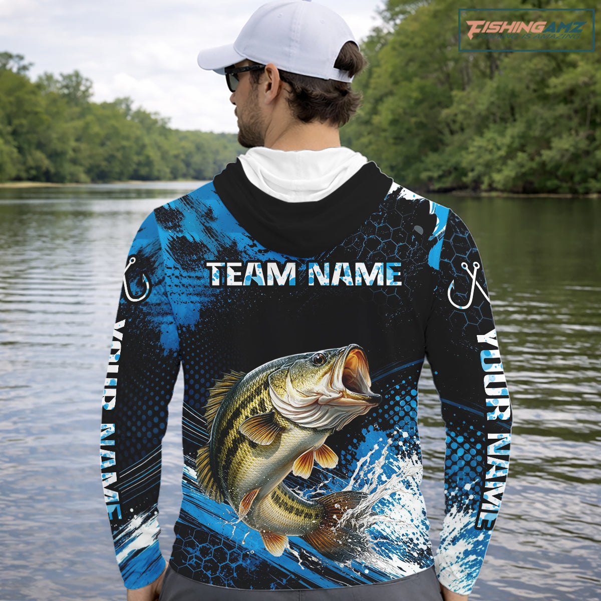 Custom Bass Fishing Jersey, Personalized Team Name Long Sleeve Hooded Performance Fishing Shirt For Men NHT1224