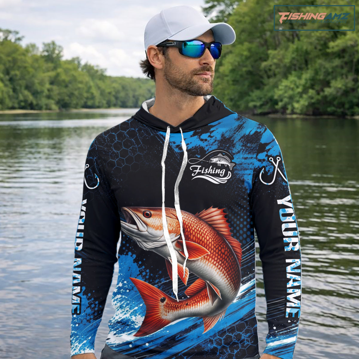 Custom Redfish Fishing Jersey, Personalized Team Name Long Sleeve Hooded Performance Fishing Shirt For Men NHT1225