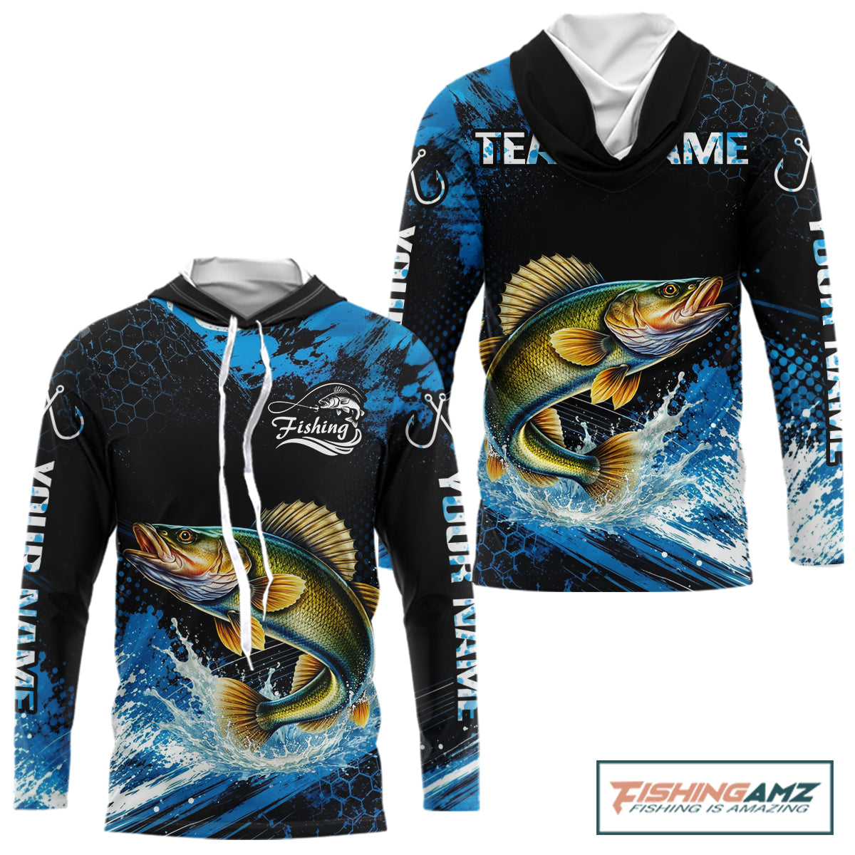 Custom Walleye Fishing Jersey long sleeve hooded shirt with walleye-inspired graphic and performance fit.