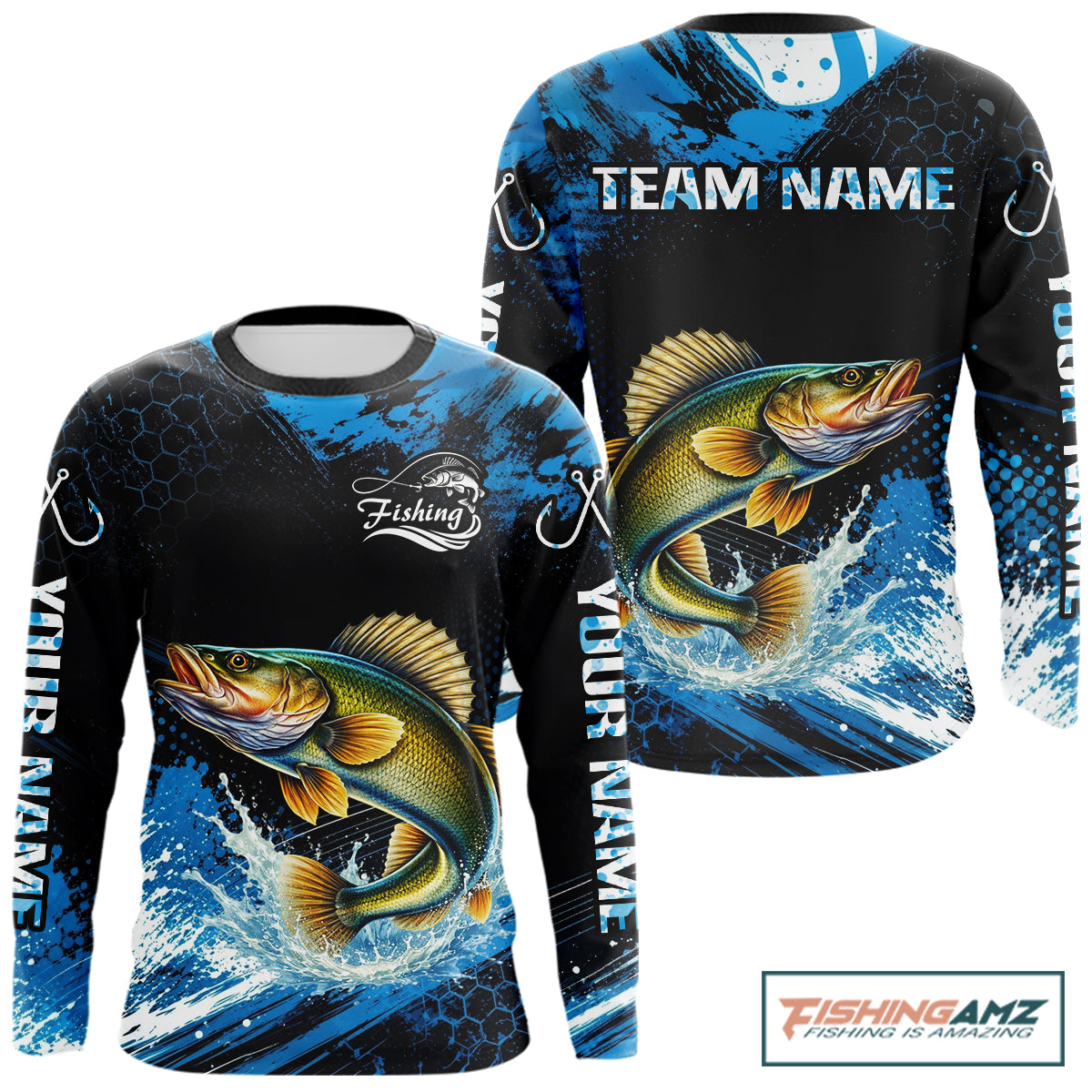 Back view of custom walleye fishing shirt made from breathable polyester with UPF 30+ sun protection.