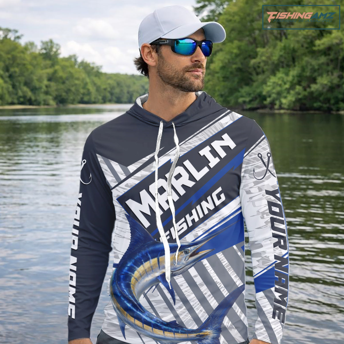 Personalized Marlin Fishing Jerseys For Fishing Team, Marlin Hooded Fishing Shirt Long Sleeve NHT919