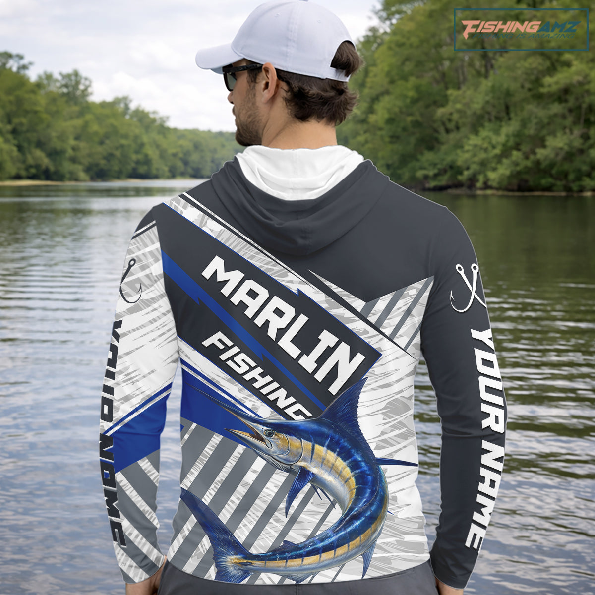 Personalized Marlin Fishing Jerseys For Fishing Team, Marlin Hooded Fishing Shirt Long Sleeve NHT919