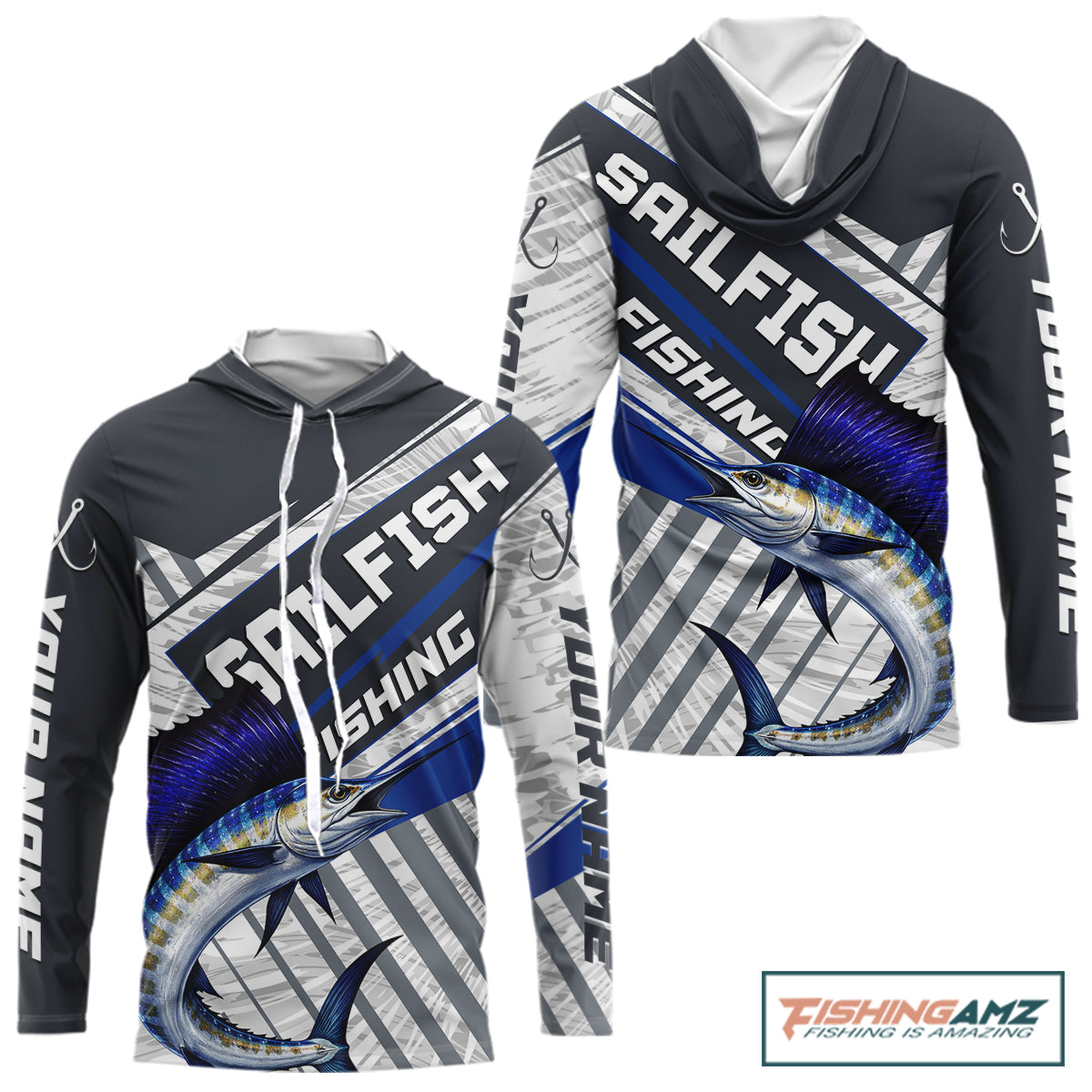 Personalized Sailfish Fishing Jerseys For Fishing Team, Sailfish Hooded Fishing Shirt Long Sleeve NHT920