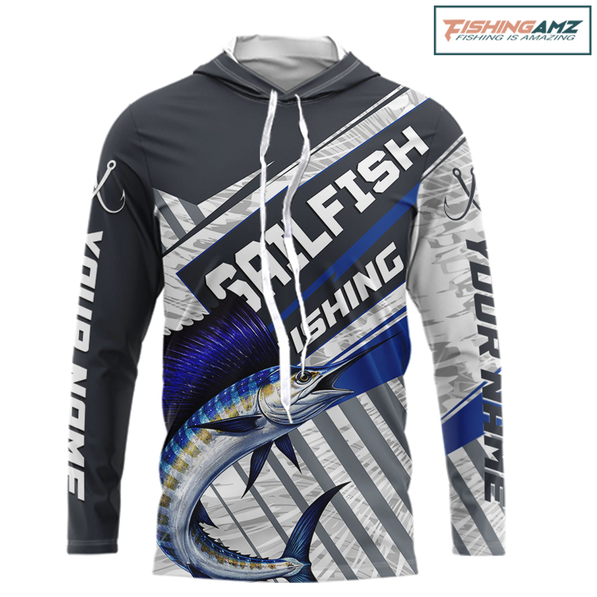 Personalized Sailfish Fishing Jerseys For Fishing Team, Sailfish Hooded Fishing Shirt Long Sleeve NHT920