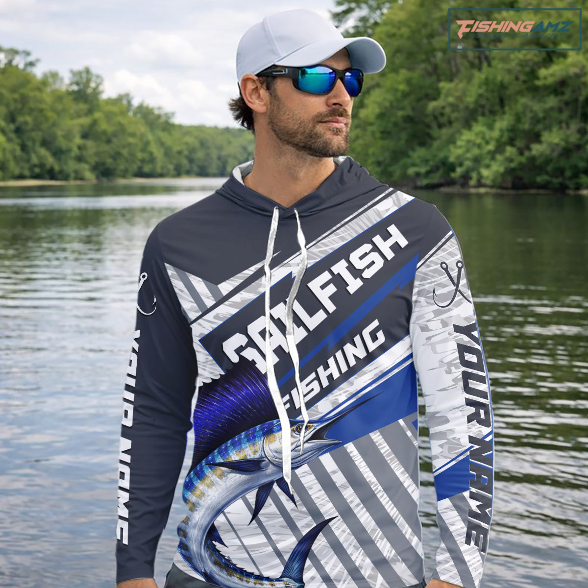 Personalized Sailfish Fishing Jerseys For Fishing Team, Sailfish Hooded Fishing Shirt Long Sleeve NHT920