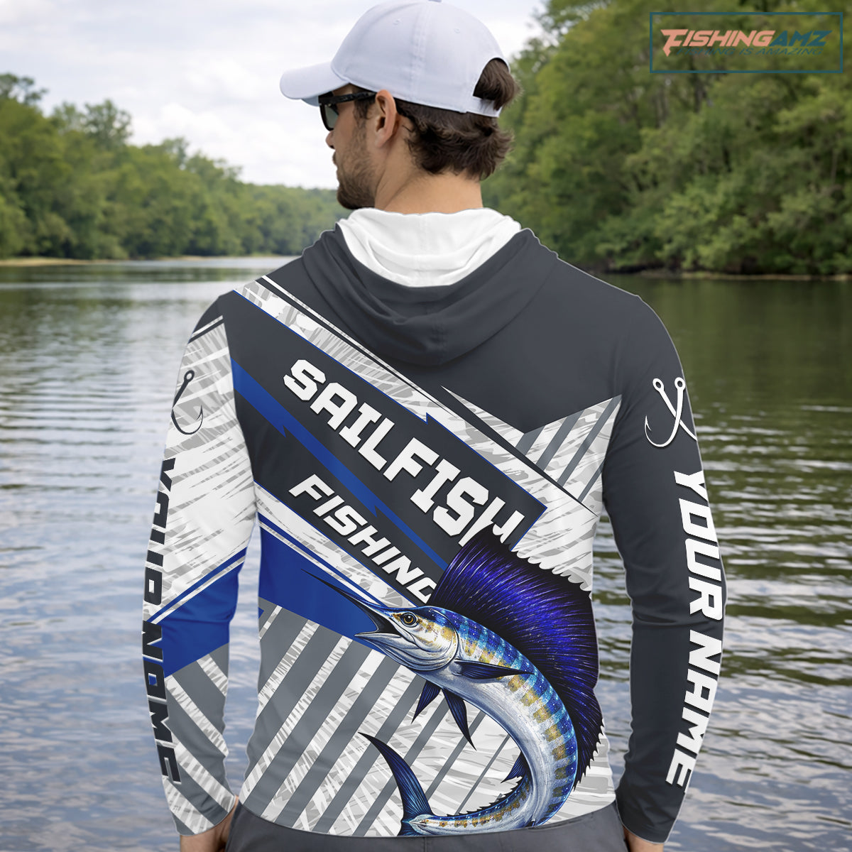 Personalized Sailfish Fishing Jerseys For Fishing Team, Sailfish Hooded Fishing Shirt Long Sleeve NHT920