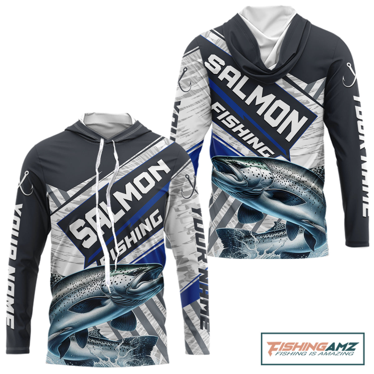 Personalized Chinook Salmon Fishing Jerseys For Fishing Team, Salmon Hooded Fishing Shirt Long Sleeve NHT921
