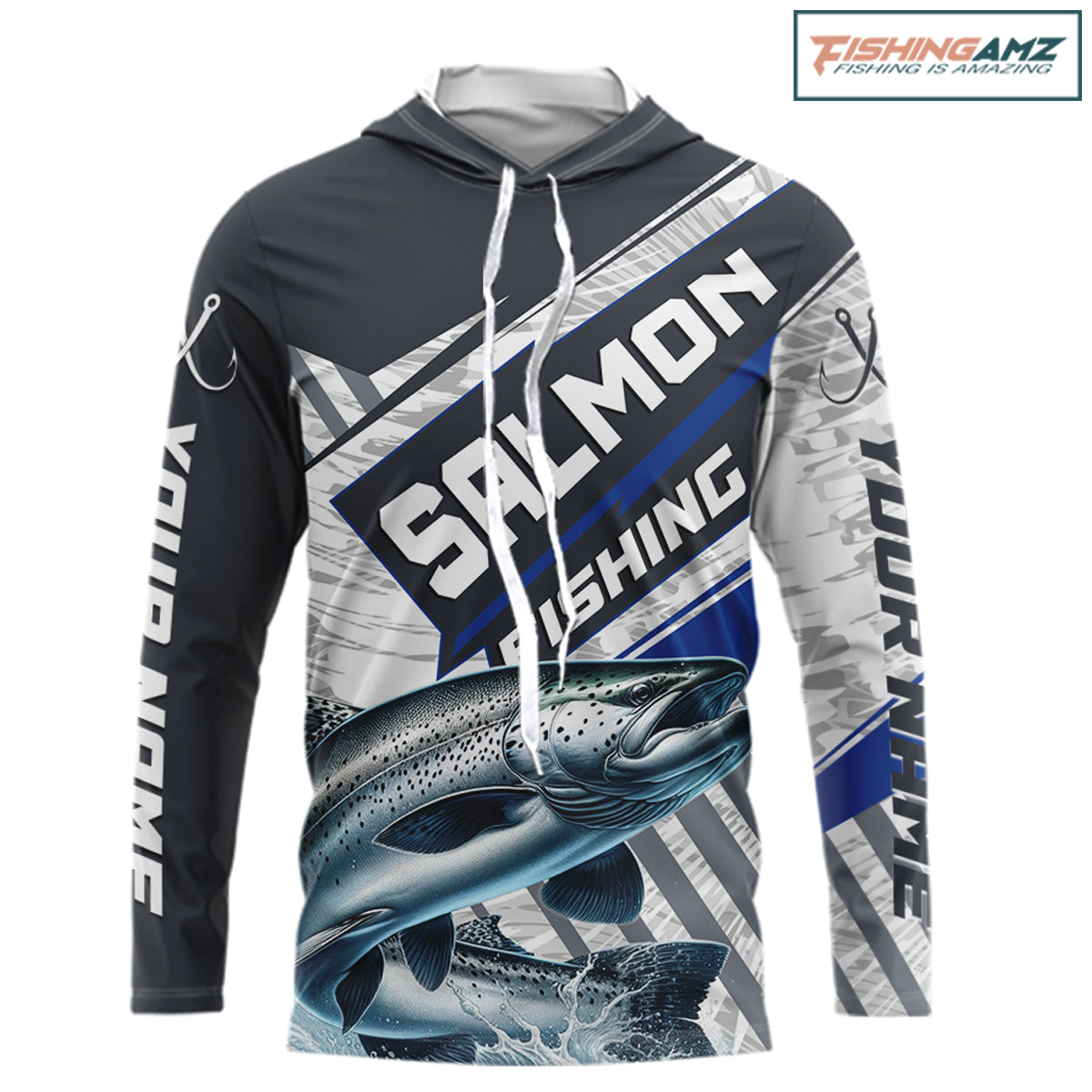 Personalized Chinook Salmon Fishing Jerseys For Fishing Team, Salmon Hooded Fishing Shirt Long Sleeve NHT921
