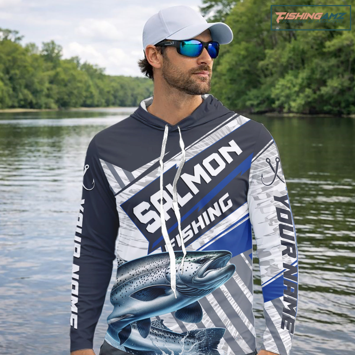 Personalized Chinook Salmon Fishing Jerseys For Fishing Team, Salmon Hooded Fishing Shirt Long Sleeve NHT921