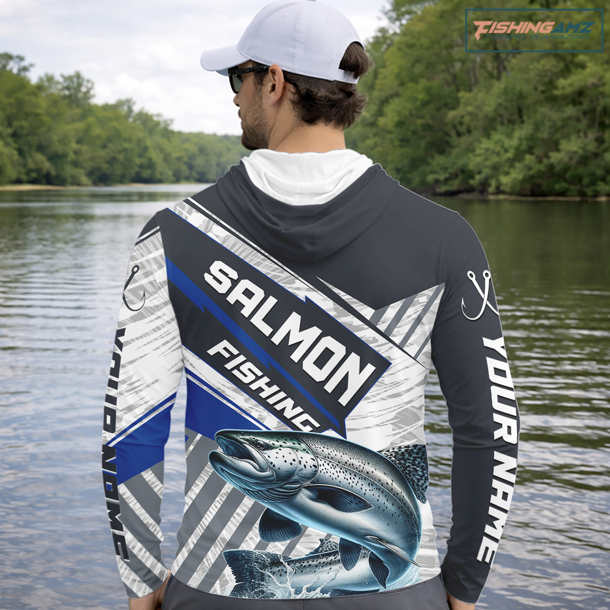 Personalized Chinook Salmon Fishing Jerseys For Fishing Team, Salmon Hooded Fishing Shirt Long Sleeve NHT921