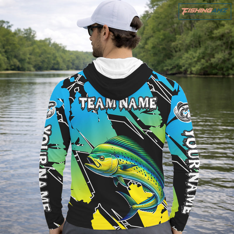 Personalized Mahi Mahi Fishing Shirts Long Sleeve Hooded Custom Team Name, Fishing Jersey For Men NHT479