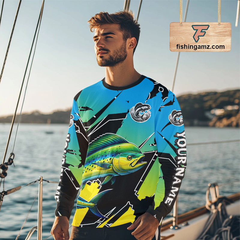 Personalized Mahi Mahi Fishing Shirts Long Sleeve Custom Team Name, Fishing Jersey For Men NHT479