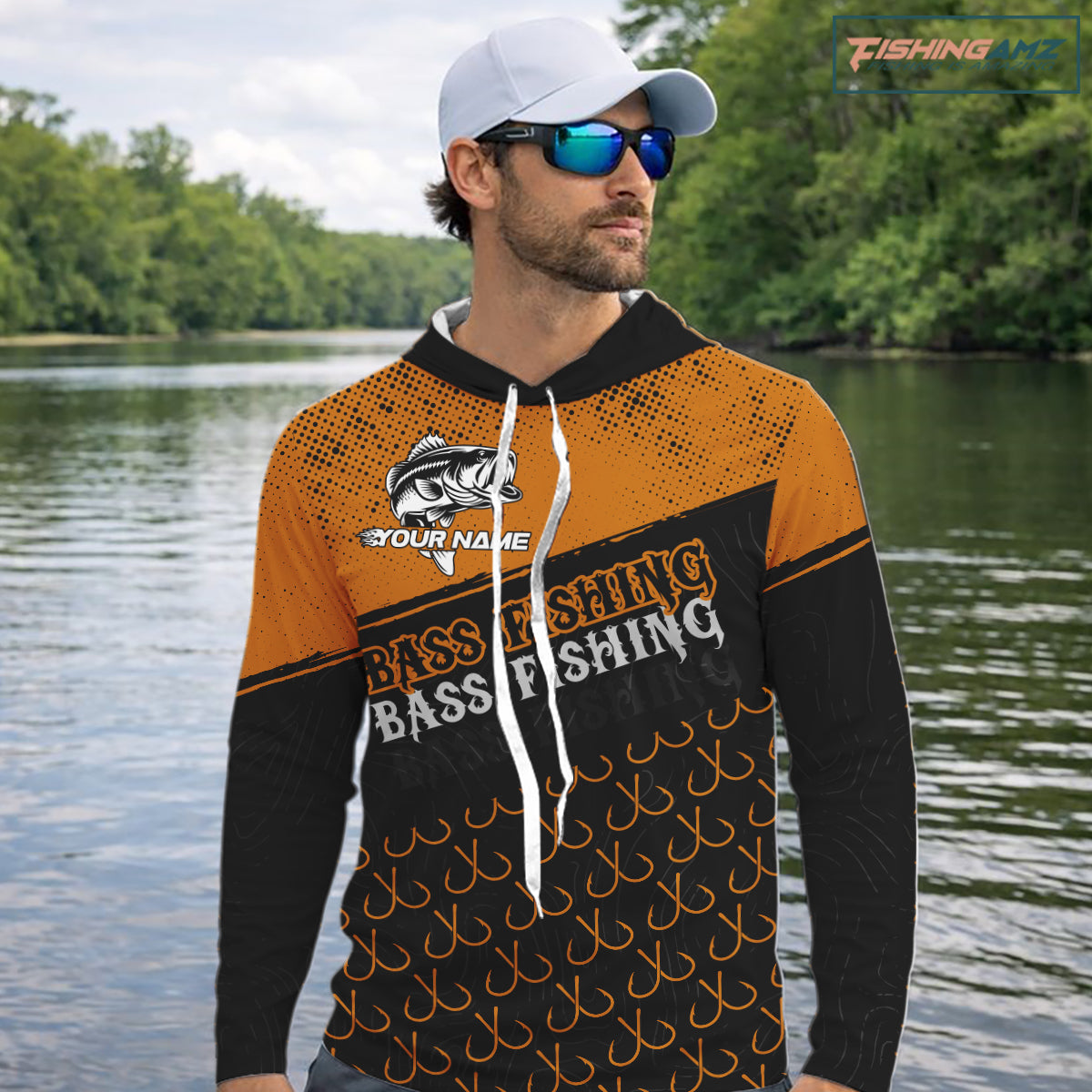 Personalized Largemouth Bass Fishing Jerseys, Orange Bass Fishing Shirts Long Sleeve Hooded Tournament Shirts NHT567