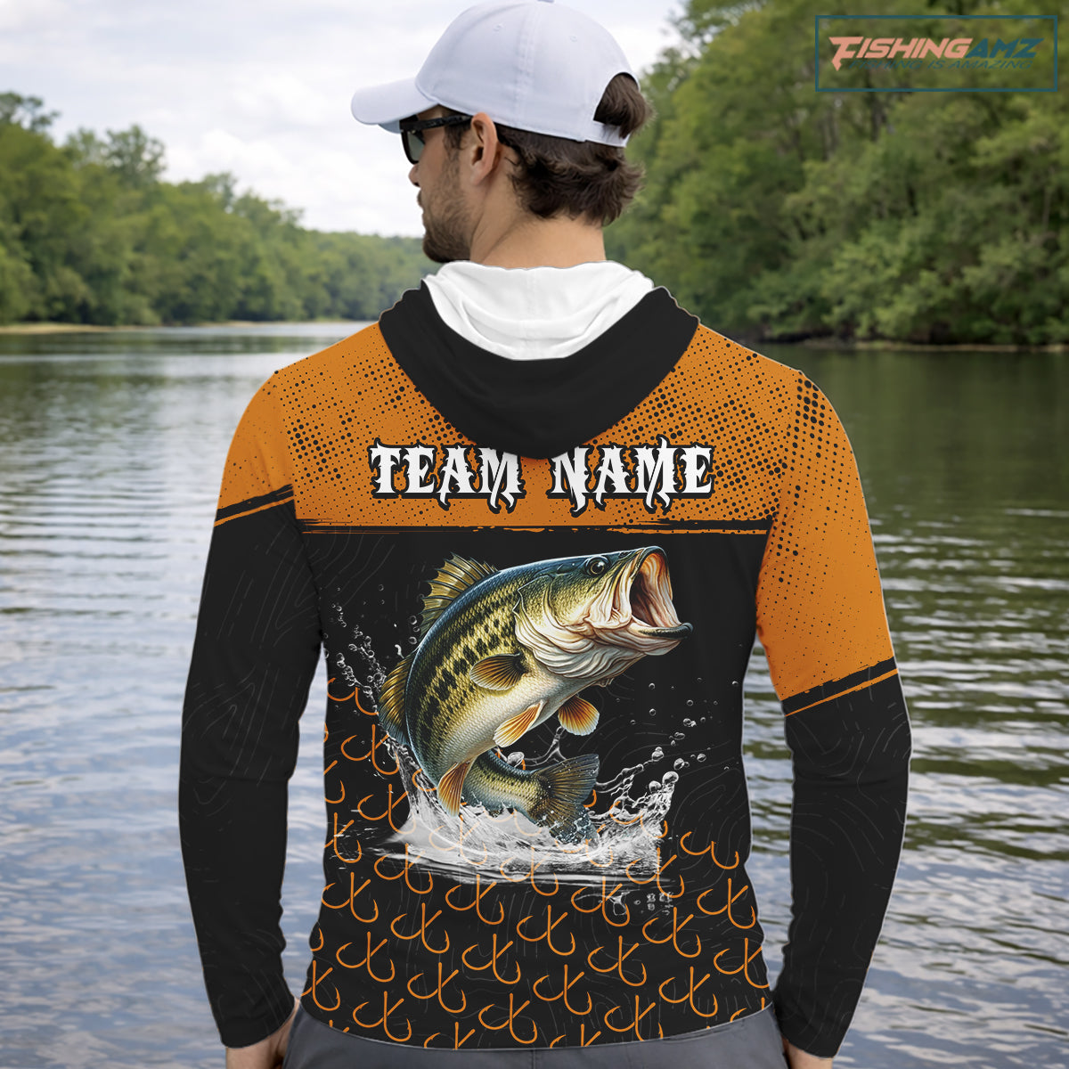 Personalized Largemouth Bass Fishing Jerseys, Orange Bass Fishing Shirts Long Sleeve Hooded Tournament Shirts NHT567