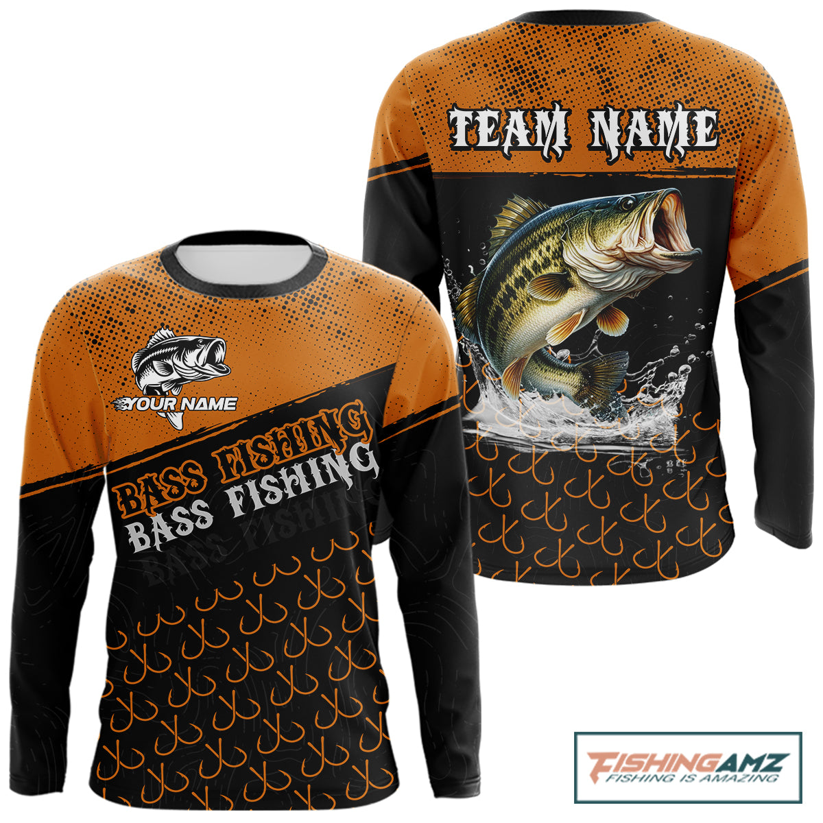 Personalized Largemouth Bass Fishing Jerseys, Orange Bass Fishing Shirts Long Sleeve Tournament Shirts NHT567