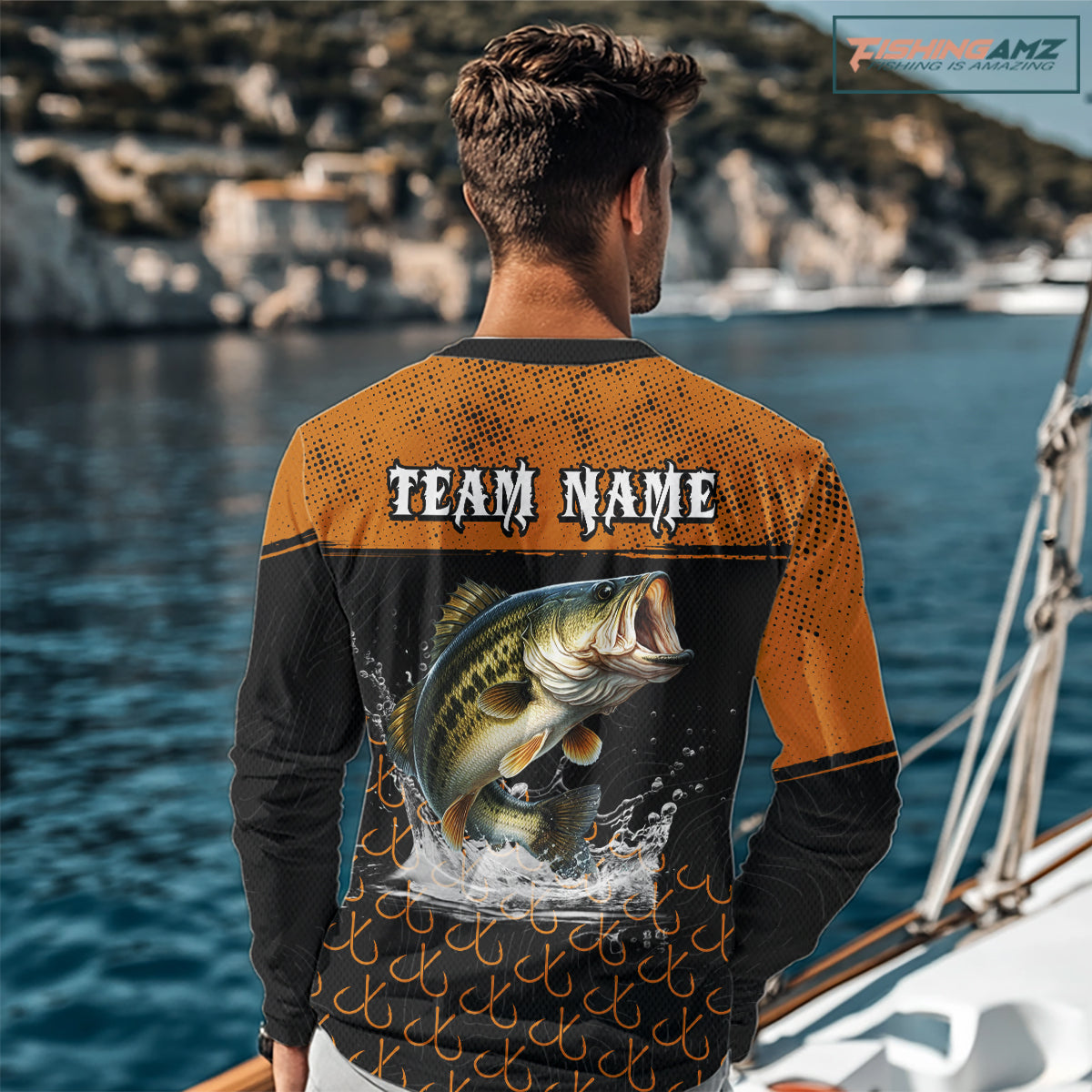 Personalized Largemouth Bass Fishing Jerseys, Orange Bass Fishing Shirts Long Sleeve Tournament Shirts NHT567