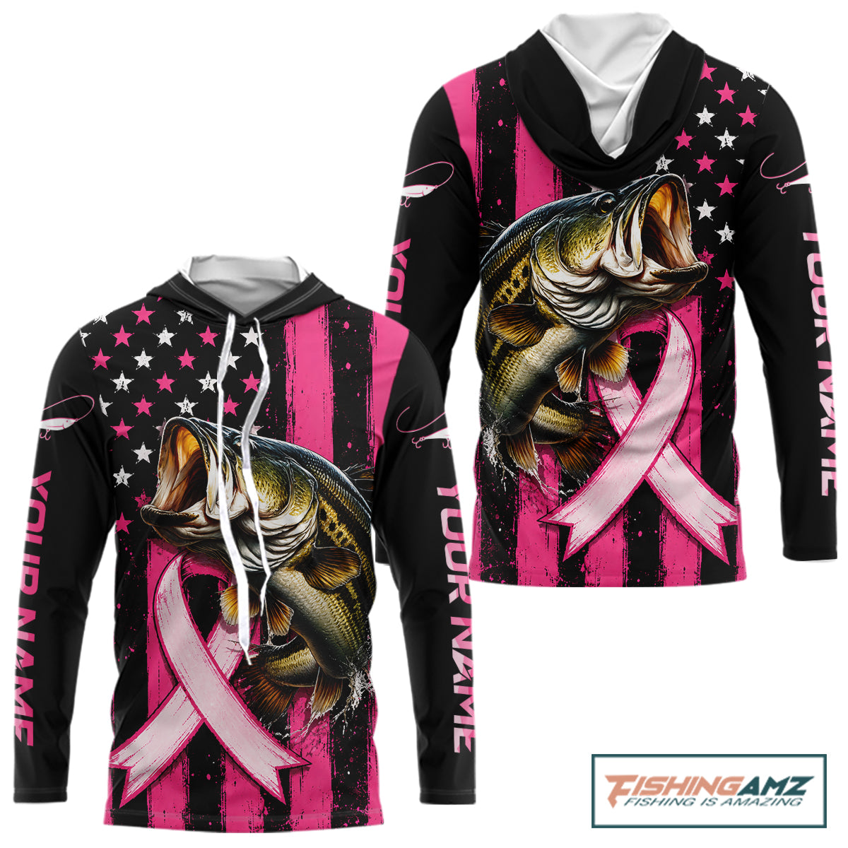 A long-sleeve hoodie with a black and pink distressed American flag design, white stars, a large bass fish graphic, a pink awareness ribbon, and customizable text on the sleeves. 