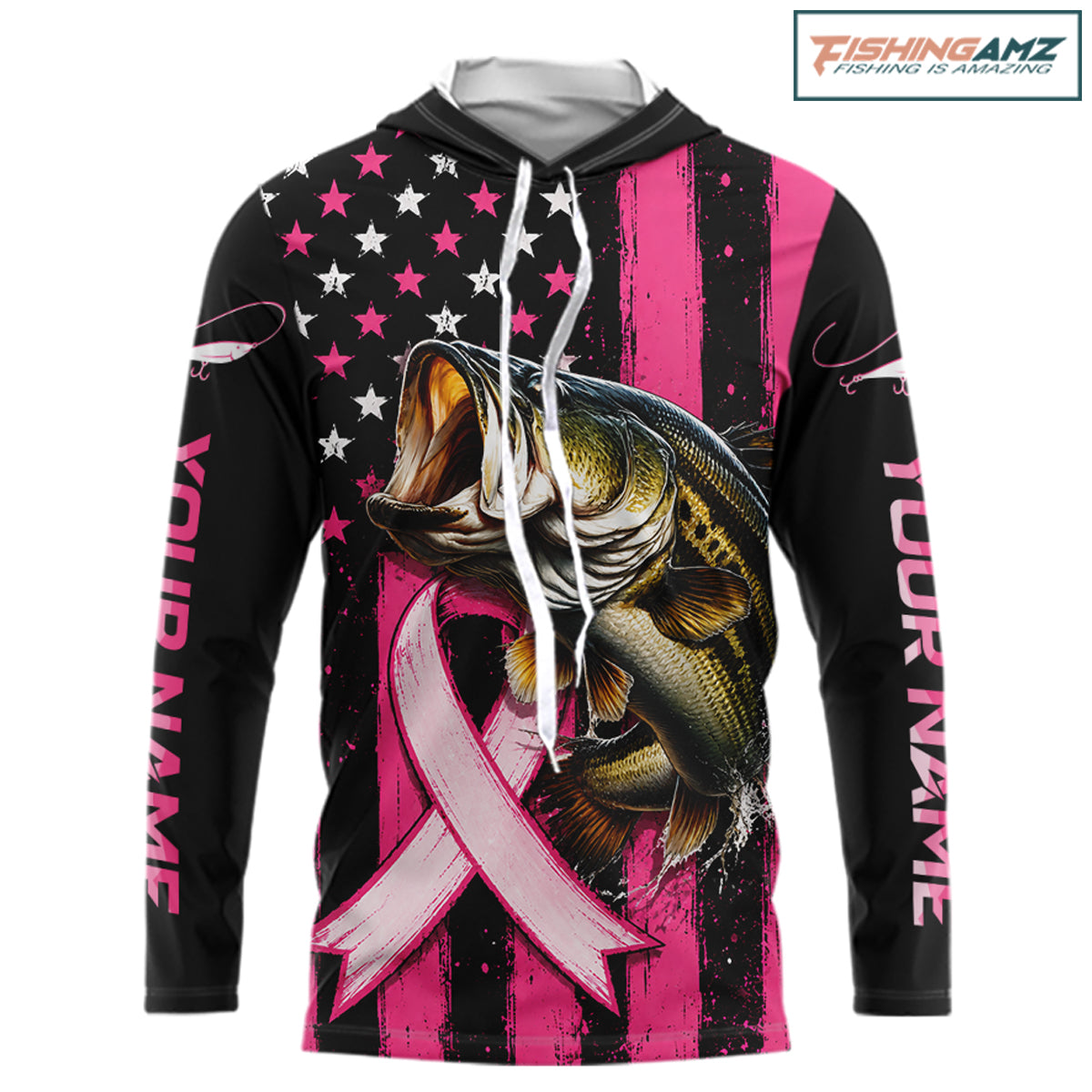 A long-sleeve hoodie with a black and pink distressed American flag design, white stars, a large bass fish graphic, a pink awareness ribbon, and customizable text on the sleeves. 