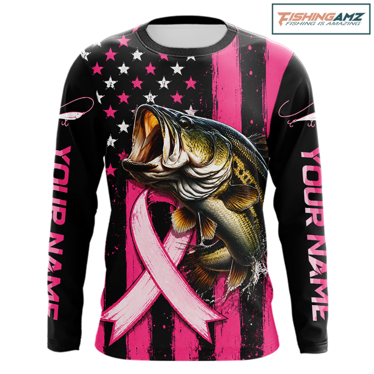 A long-sleeve graphic shirt with a black and pink distressed background, featuring a large bass fish jumping over a pink ribbon, with 'YOUR NAME' printed down both sleeves