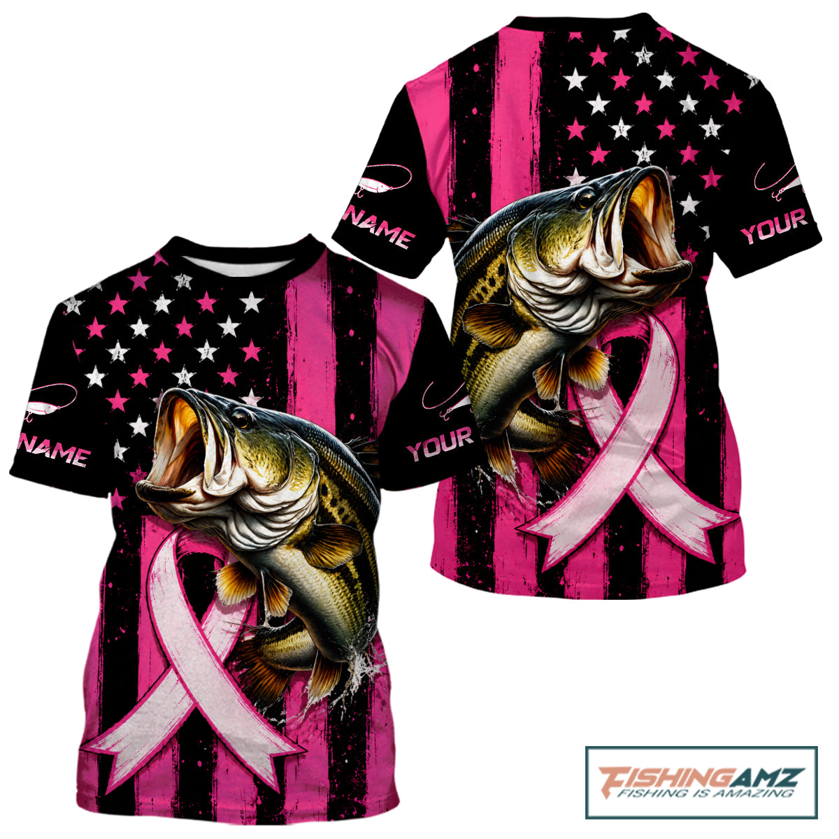 A short-sleeve graphic t-shirt featuring a large bass fish jumping over a pink awareness ribbon, set against a distressed pink and black American flag background with customizable text placeholders on the sleeves.