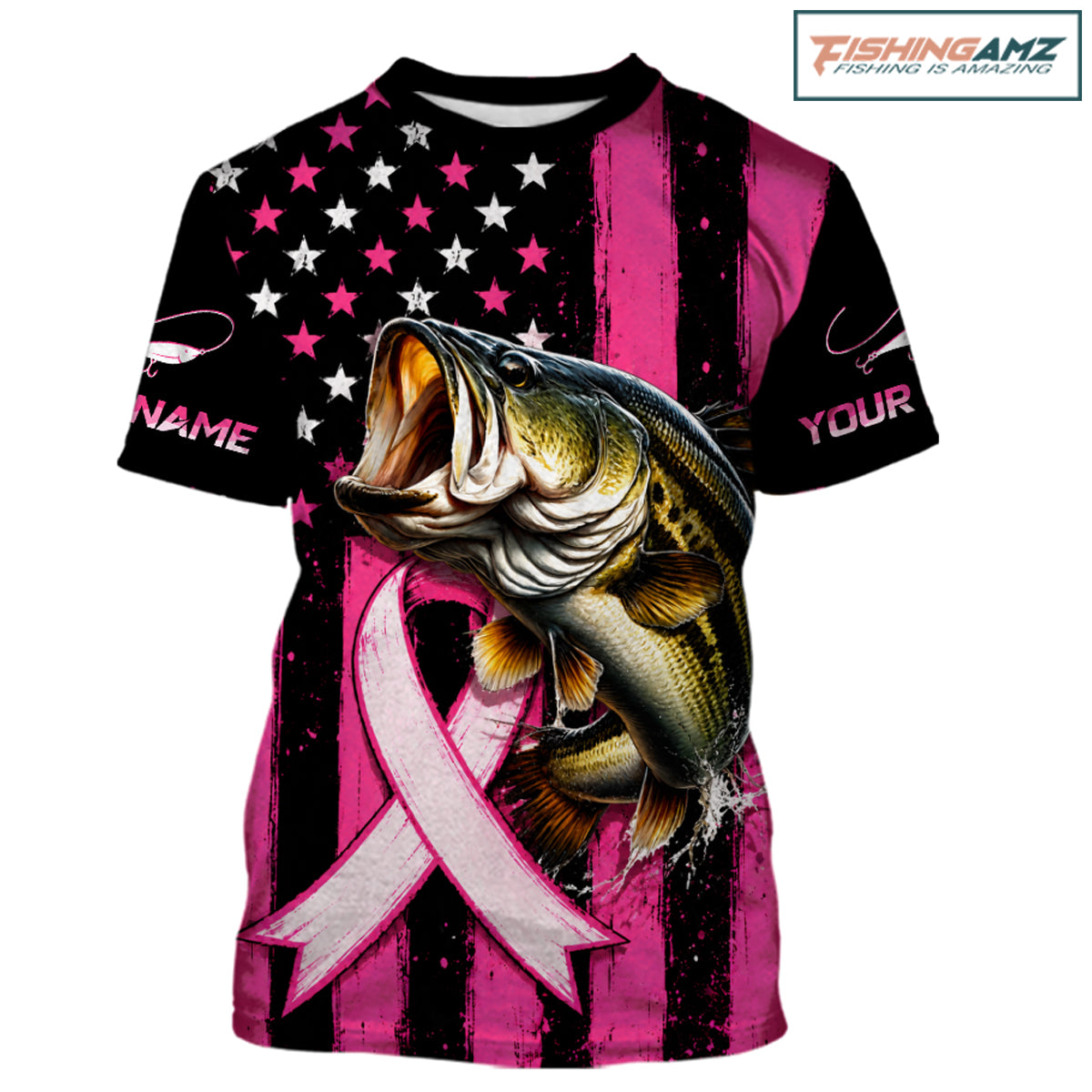 A short-sleeve graphic t-shirt featuring a large bass fish jumping over a pink awareness ribbon, set against a distressed pink and black American flag background with customizable text placeholders on the sleeves.