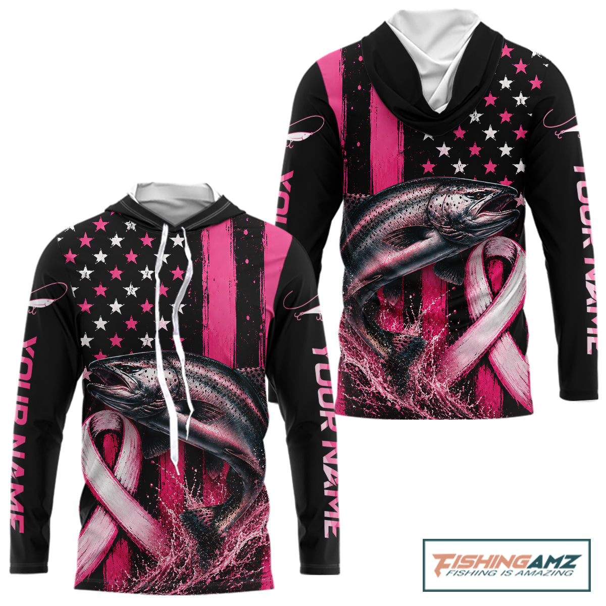 A long-sleeve hoodie with a black, pink, and white patriotic fish graphic, featuring a rainbow ribbon design and customizable text on the sleeves, shown on a white background with a FishingAmz logo in the top right corner.