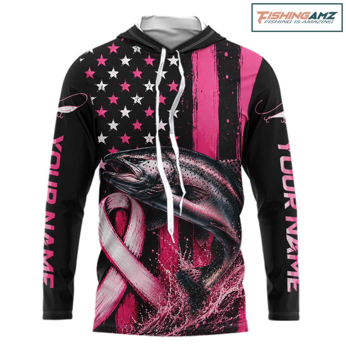 A long-sleeve hoodie with a black, pink, and white patriotic fish graphic, featuring a rainbow ribbon design and customizable text on the sleeves, shown on a white background with a FishingAmz logo in the top right corner.
