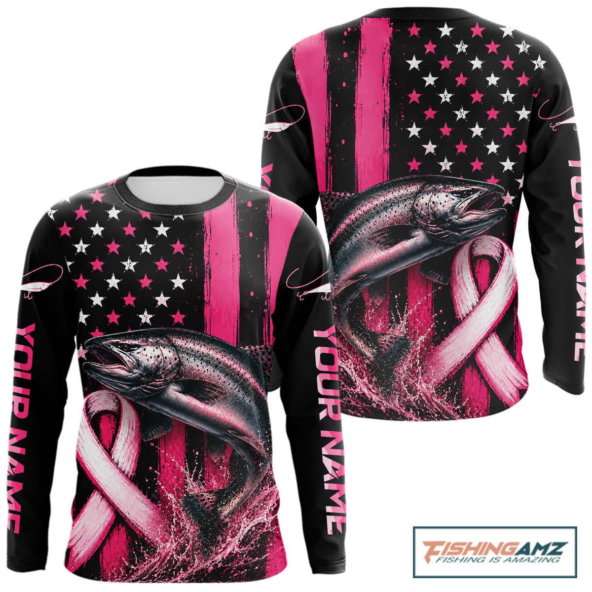 Front and back views of a long-sleeve custom fishing t-shirt on a white background. The shirt features a black and pink American flag design with white stars, a large pink and black rainbow trout graphic, and customizable text 'YOUR NAME' printed vertically on the sleeves.