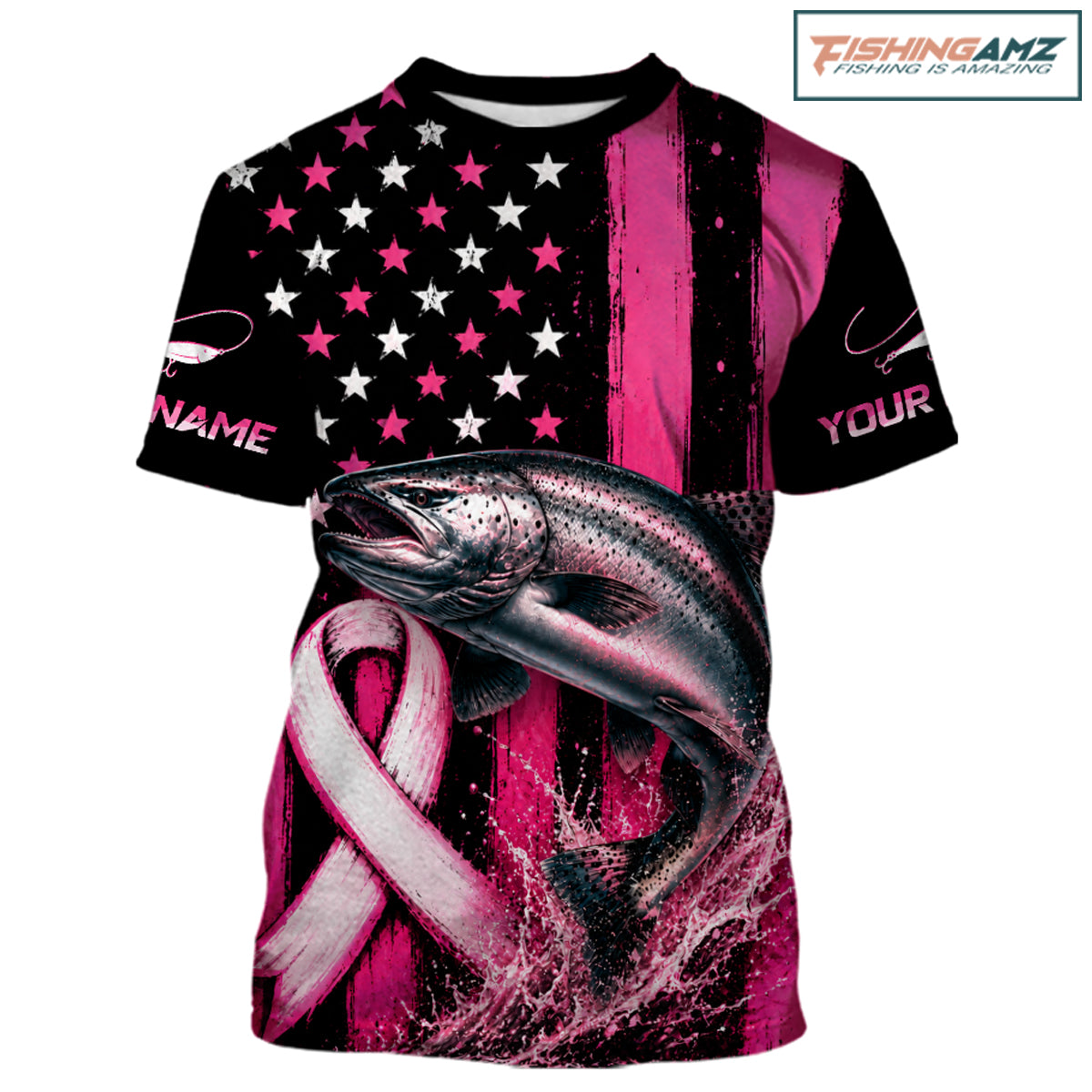 A short-sleeve graphic t-shirt featuring a pink and black American flag design with a large trout jumping over a pink ribbon, on a white background. The shirt has customizable text placeholders 'NAME' and 'YOUR' on the sleeves