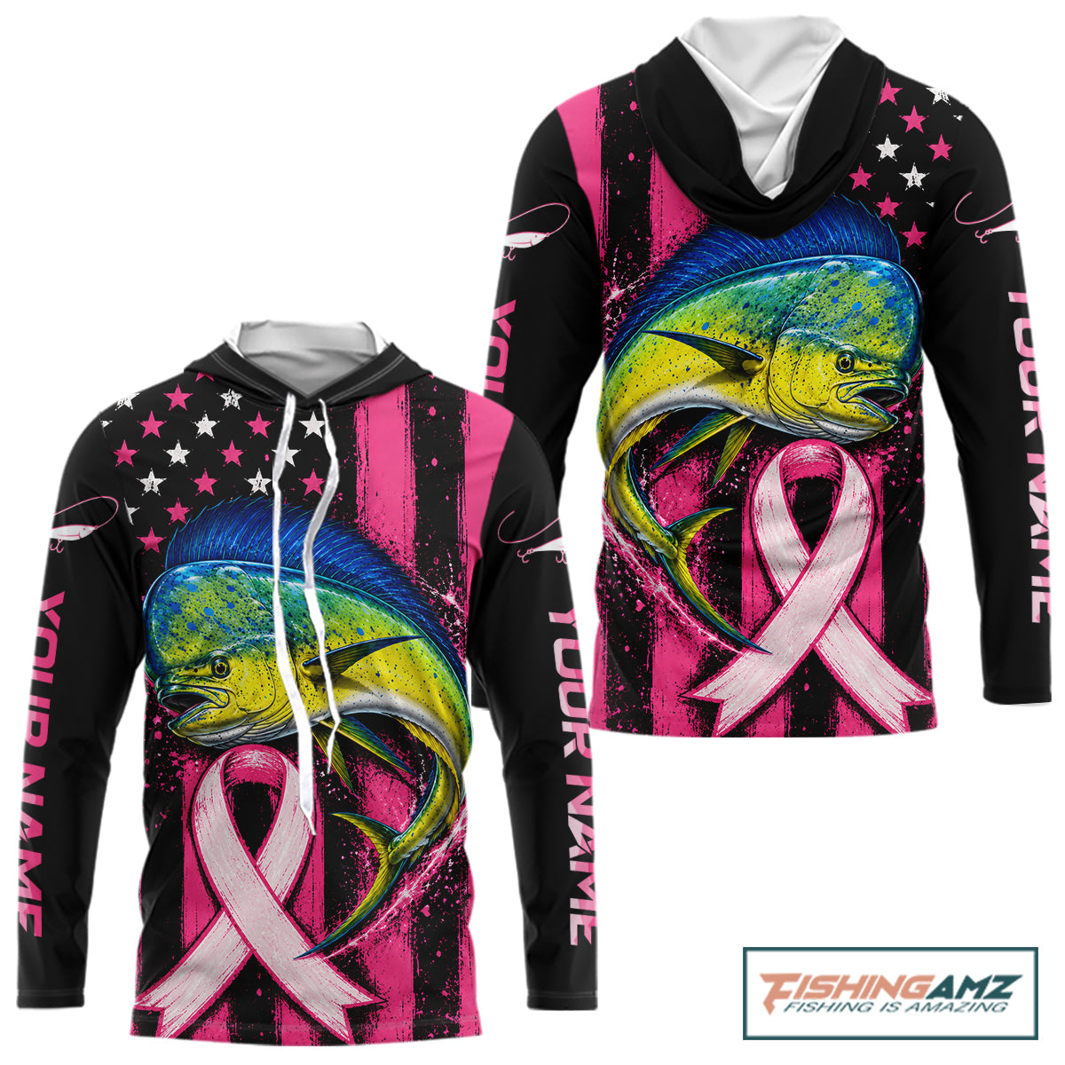 A long-sleeve hoodie with a black base, featuring a large graphic of a blue and yellow mahi-mahi fish over a pink ribbon, with pink and white vertical text on the sleeves and a pink-and-white star pattern on the upper chest. The hoodie is shown on a white background with a 'FishingAmz' logo in the top right corner.