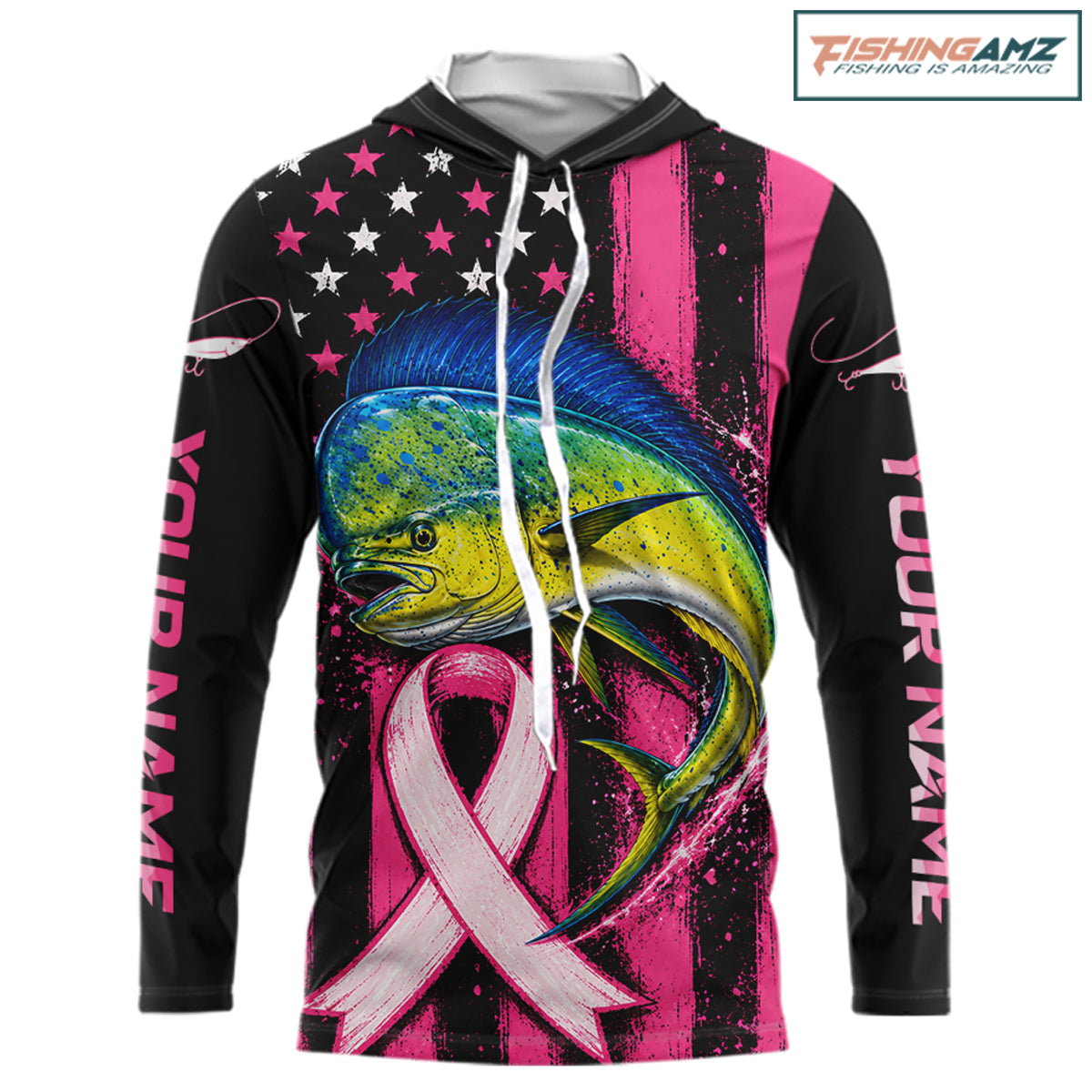 A long-sleeve hoodie with a black base, featuring a large graphic of a blue and yellow mahi-mahi fish over a pink ribbon, with pink and white vertical text on the sleeves and a pink-and-white star pattern on the upper chest. The hoodie is shown on a white background with a 'FishingAmz' logo in the top right corner.
