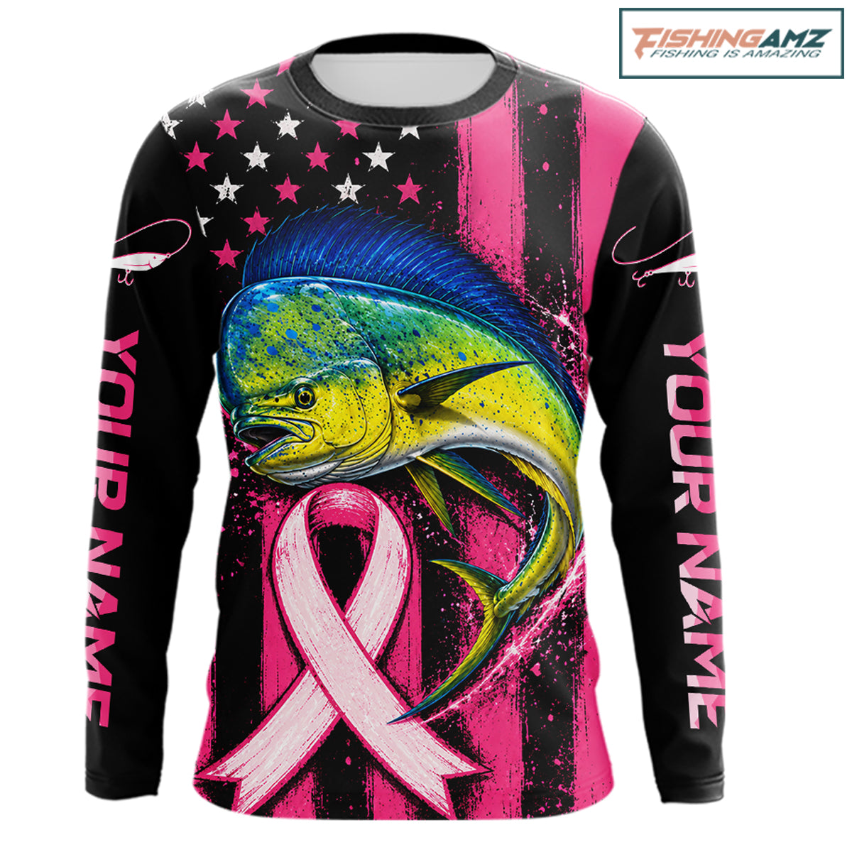 A long-sleeve custom graphic shirt featuring a large yellow and blue mahi-mahi fish, a pink awareness ribbon, and a black-and-white star pattern on a bright pink and black background. The sleeves have 'YOUR NAME' printed vertically in white