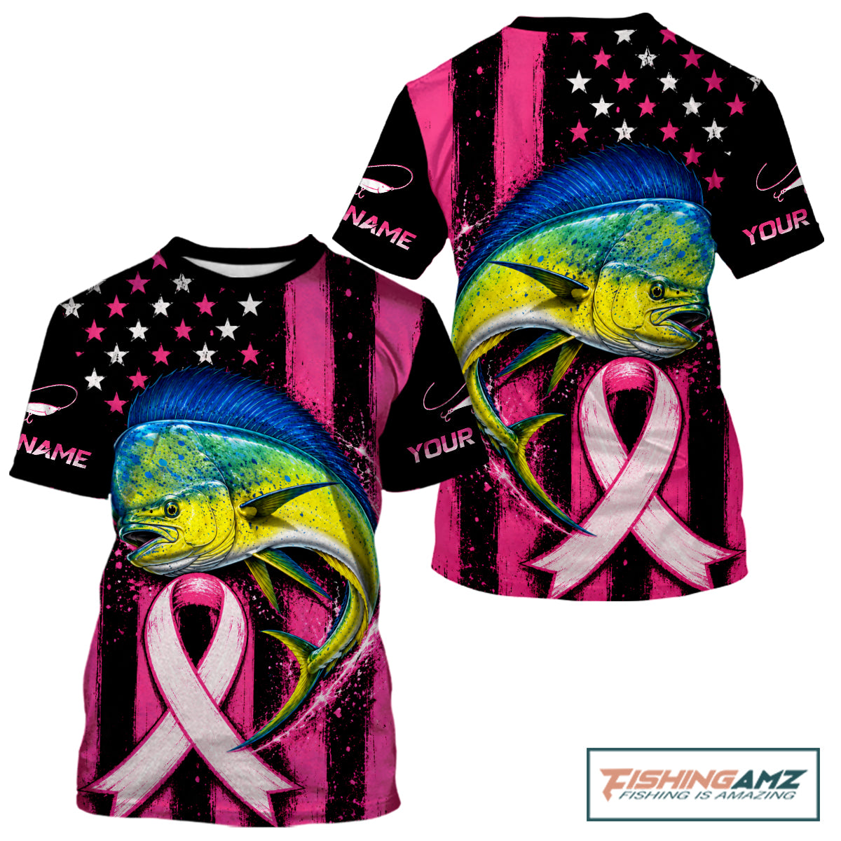 A customizable short-sleeve t-shirt with a 3D graphic print featuring a yellow and blue mahi-mahi fish over a pink and black striped background with a pink awareness ribbon. The shirt has placeholder text 'NAME' and 'YOUR' on the sleeves