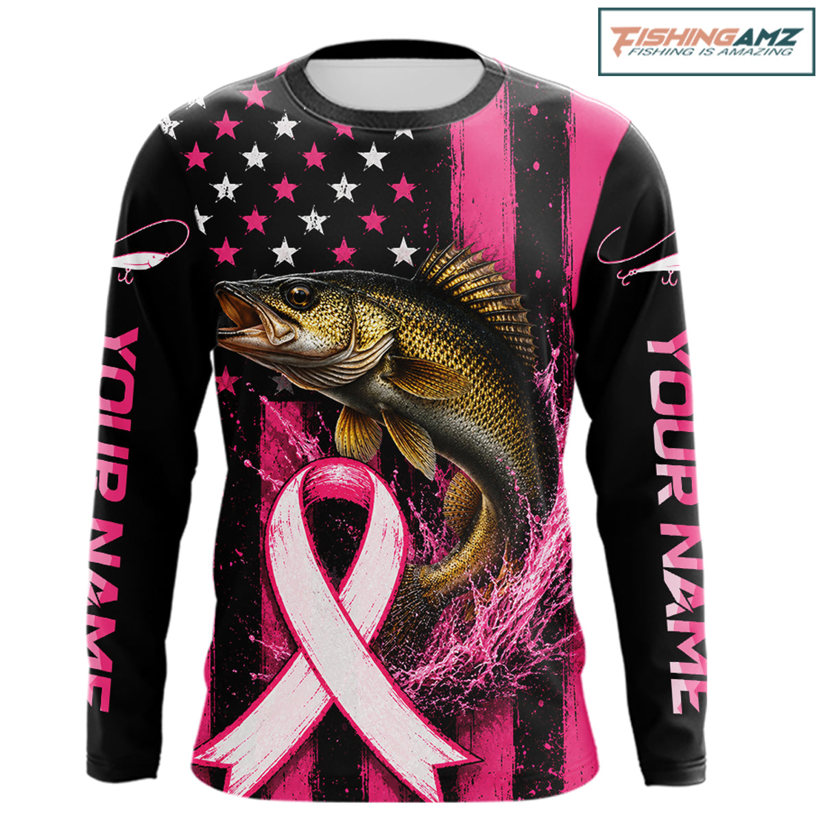 A long-sleeve custom graphic shirt featuring a large bass fish, a pink awareness ribbon, and a black-and-pink American flag design. The sleeves have placeholder text reading 'YOUR NAME' and a 'FishingAmz" logo appears in the top right corner.