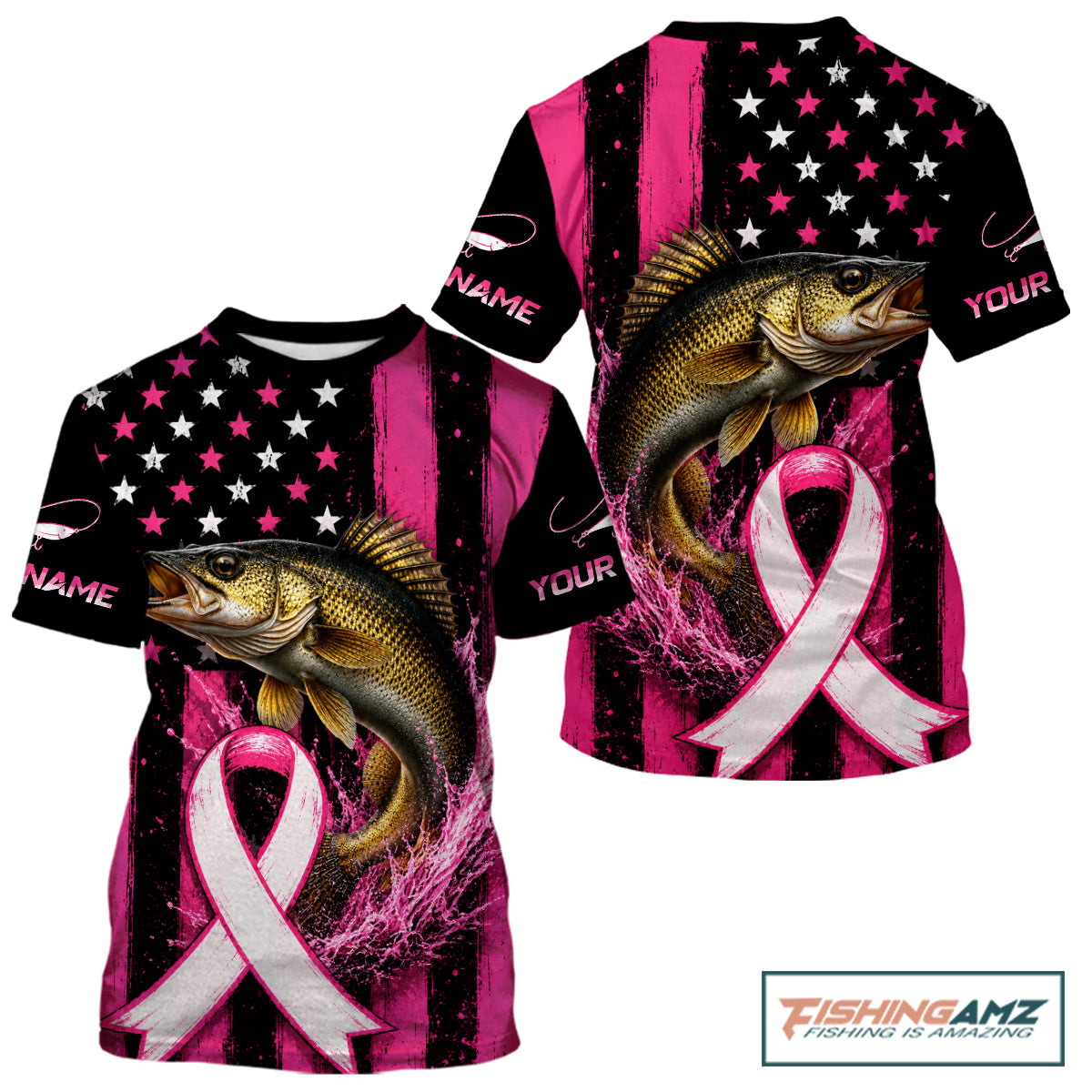 A short-sleeve graphic t-shirt featuring a pink and black American flag design with a large bass fish jumping over a pink-and-white awareness ribbon. The shirt has customizable text placeholders on the sleeves