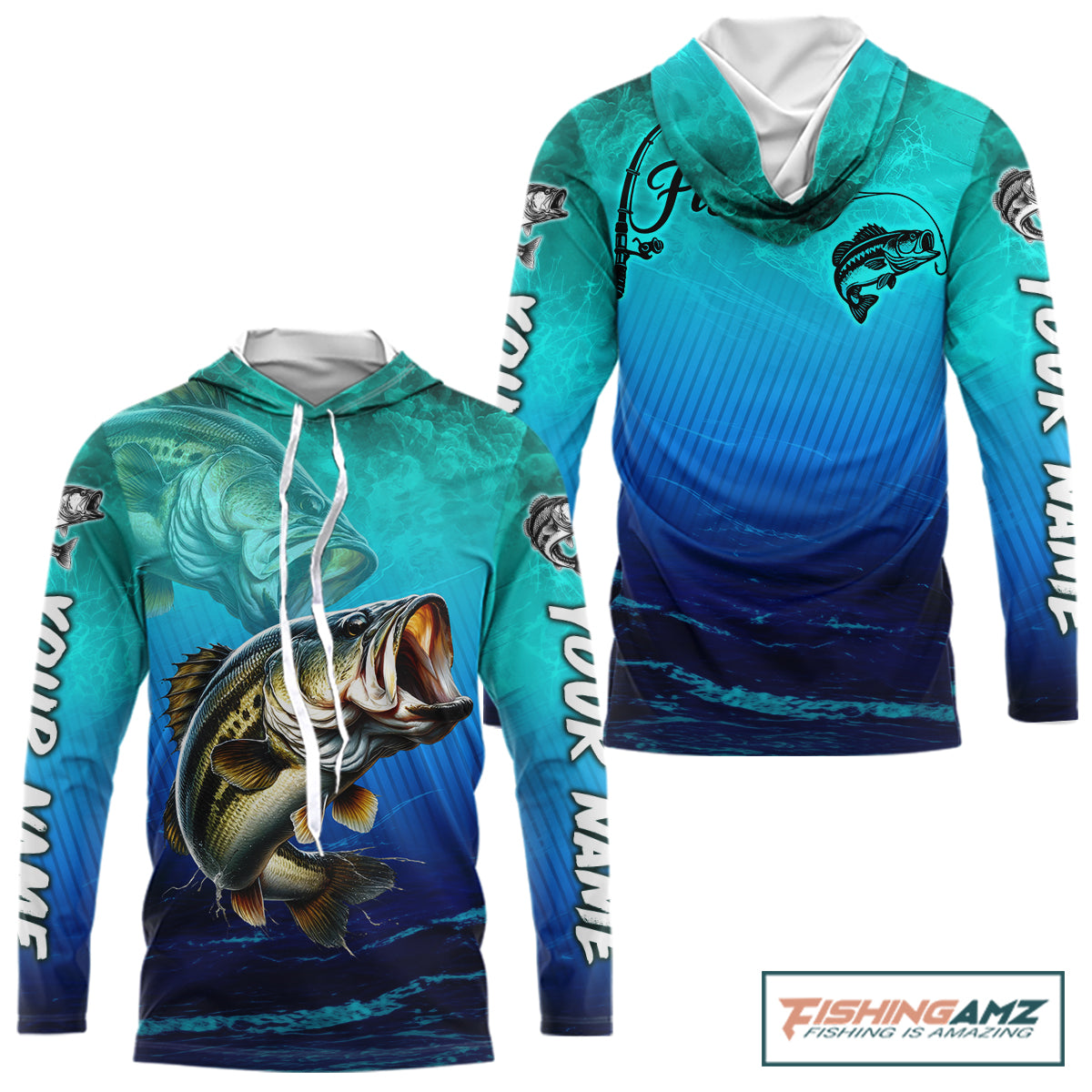 Custom Name Teal Blue Bass Fishing Jersey - Personalized 3D Long Sleeve Hooded Fishing Shirt 